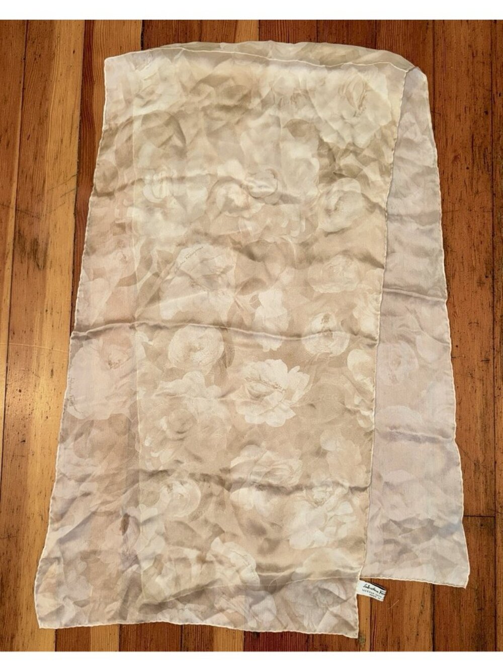 Vintage SALVATORE FERRAGAMO Oblong SILK SCARF Neutrals ROSES 17"x62" Signed